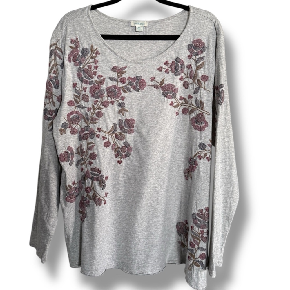 Sundance Heavily Embroidered Floral Gray Long Sleeve Top Shirt Size XXL